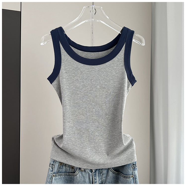 Contrast Trim Ribbed Fitted Tank - Lightgray