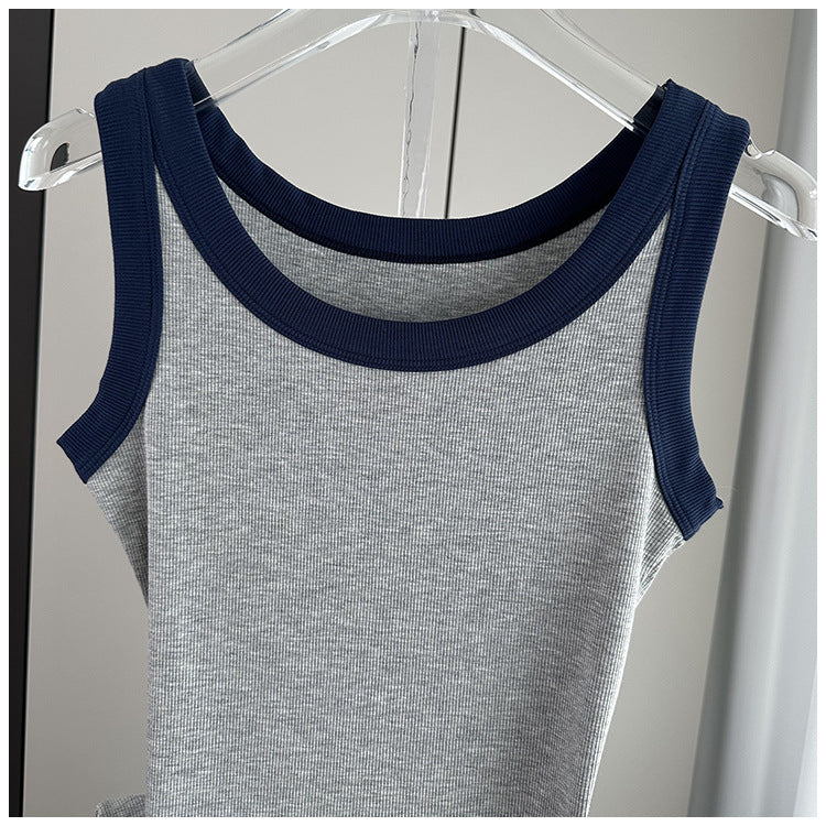 Contrast Trim Ribbed Fitted Tank - Lightgray - 1
