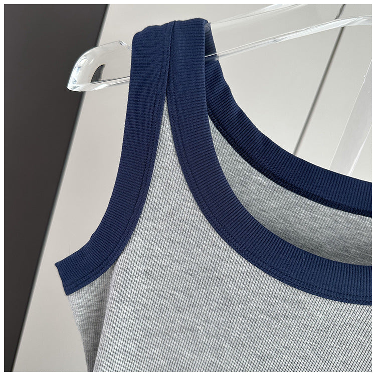 Contrast Trim Ribbed Fitted Tank - Lightgray - 2