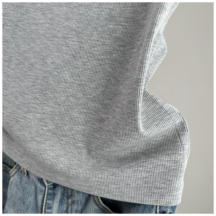 Contrast Trim Ribbed Fitted Tank - Lightgray - 3