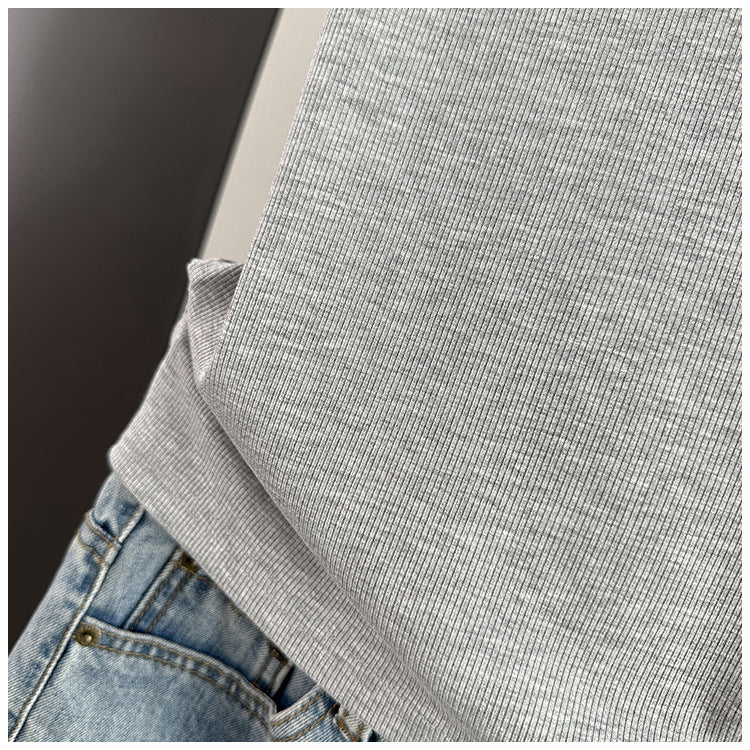 Contrast Trim Ribbed Fitted Tank - Lightgray - 4