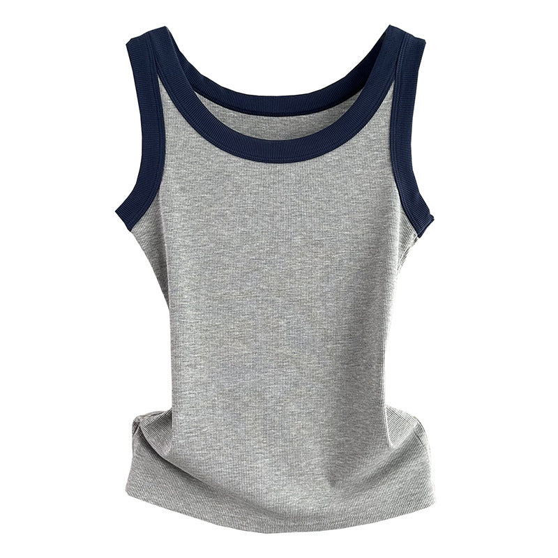 Contrast Trim Ribbed Fitted Tank - Lightgray - 5