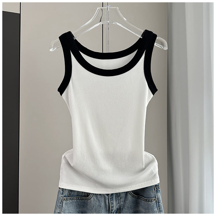 Contrast Trim Ribbed Fitted Tank - White
