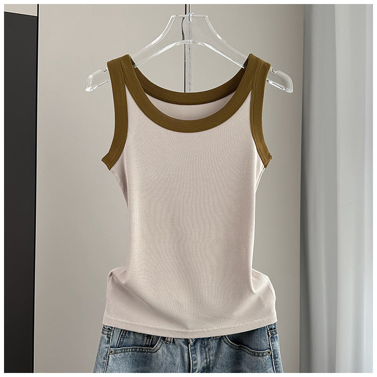 Contrast Trim Ribbed Fitted Tank - beige