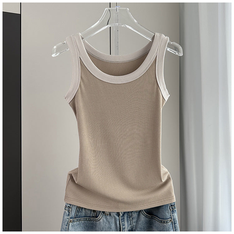 Contrast Trim Ribbed Fitted Tank - tan