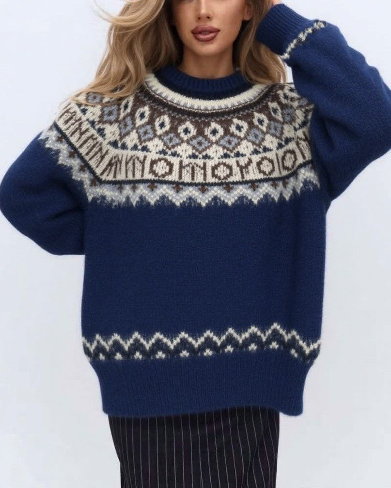 Fair Isle Yoke Oversized Knit Sweater - Blue