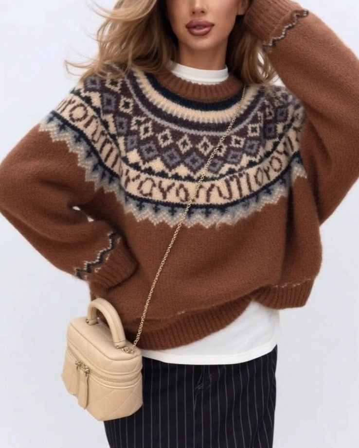 Fair Isle Yoke Oversized Knit Sweater - Coffee