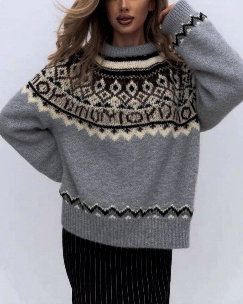 Fair Isle Yoke Oversized Knit Sweater - Grey