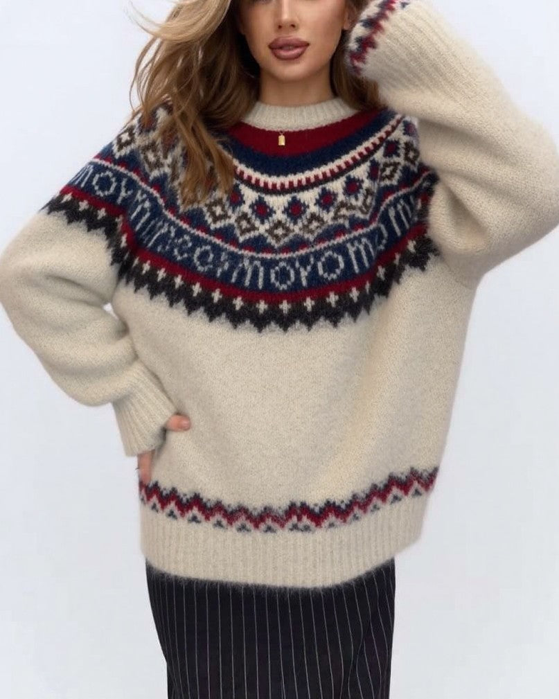 Fair Isle Yoke Oversized Knit Sweater - Off-White