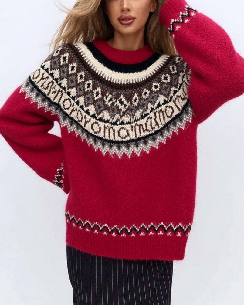 Fair Isle Yoke Oversized Knit Sweater - Red
