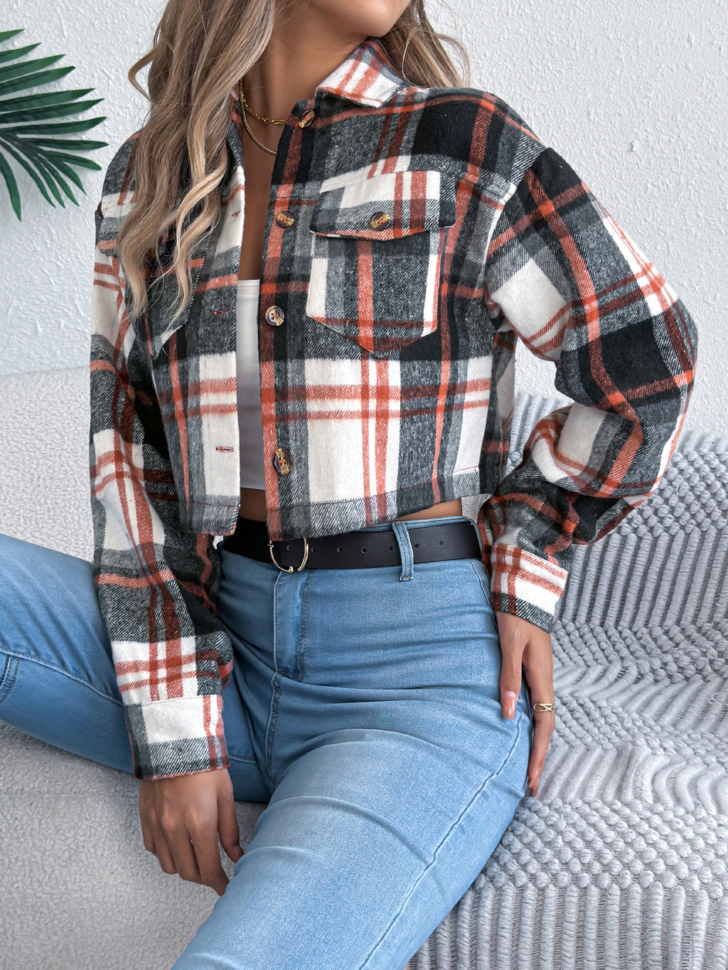 Cropped Plaid Flannel Button Front Jacket - Black - 1