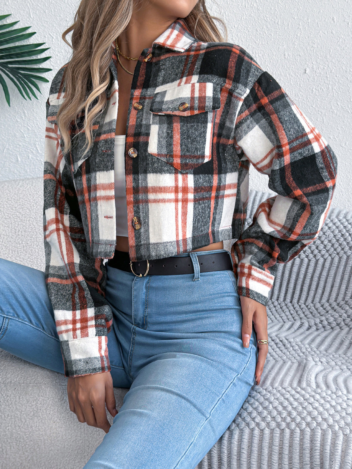 Cropped Plaid Flannel Button Front Jacket - Black - 1