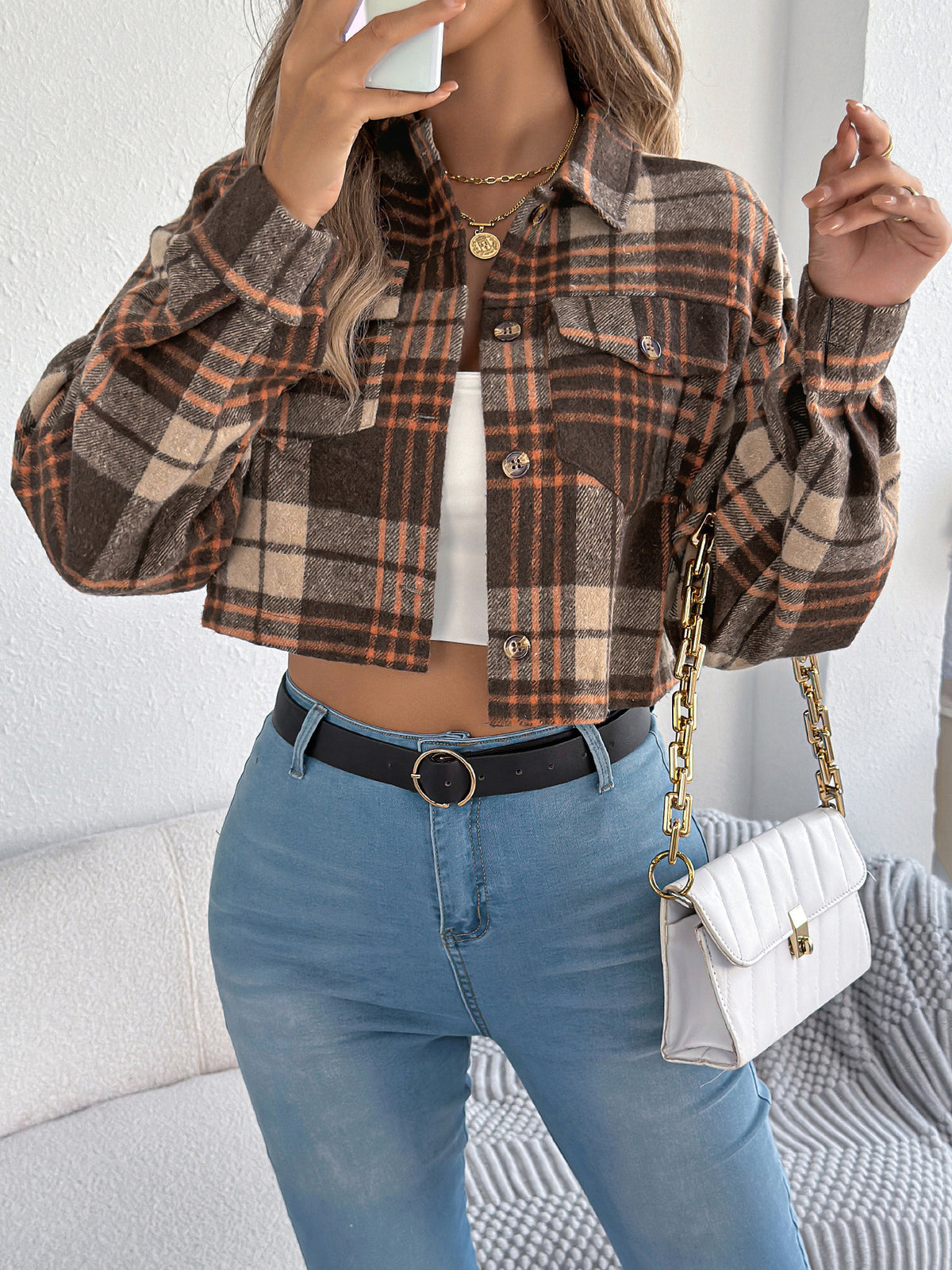 Cropped Plaid Flannel Button Front Jacket - Coffee