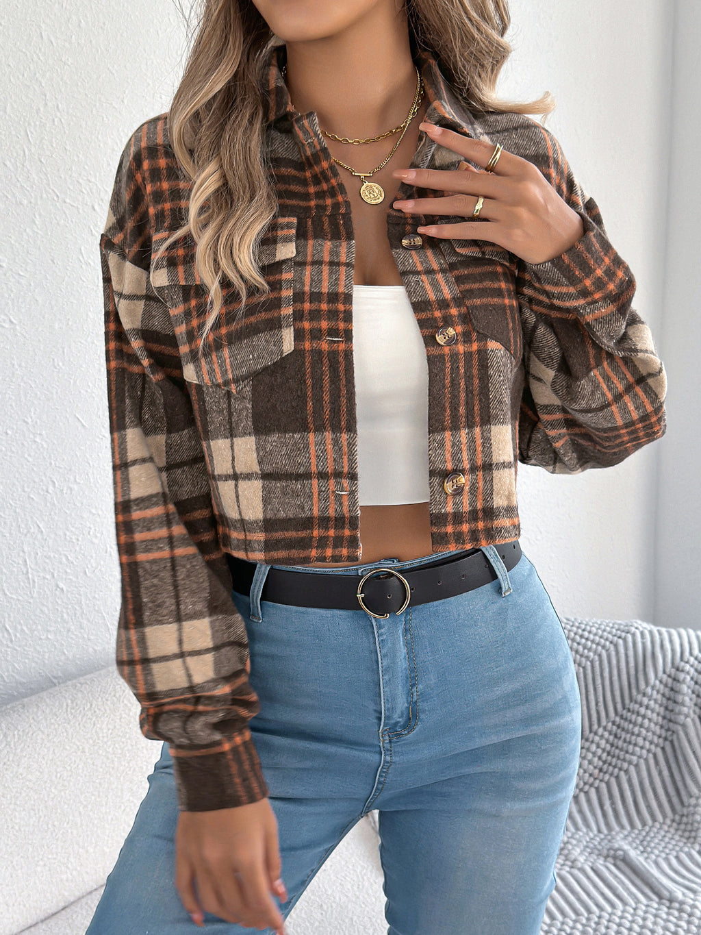 Cropped Plaid Flannel Button Front Jacket - Coffee - 1