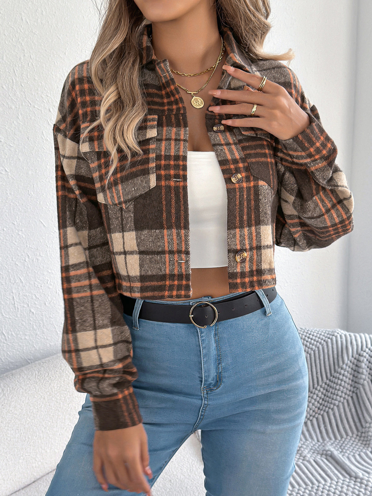 Cropped Plaid Flannel Button Front Jacket - Coffee - 1
