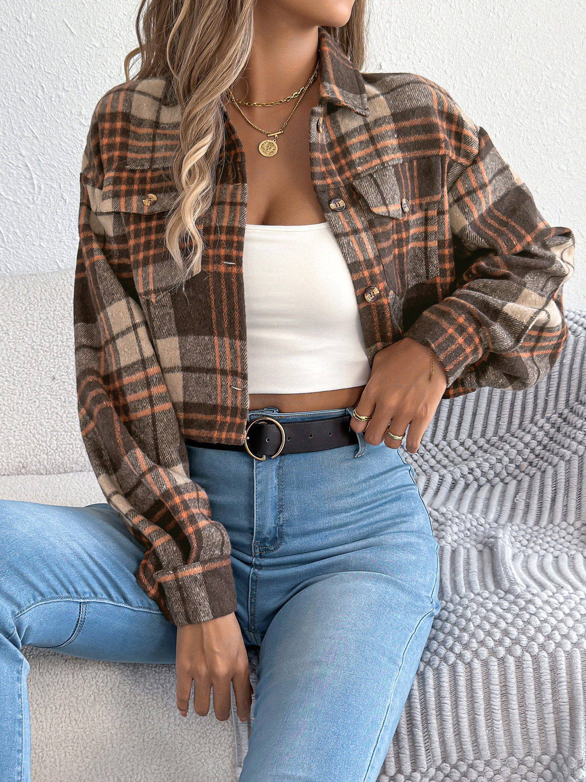 Cropped Plaid Flannel Button Front Jacket - Coffee - 2