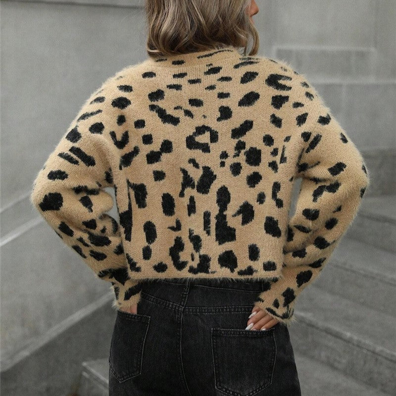 Fuzzy Animal Print Cropped Pullover Sweater - Leopard - 3