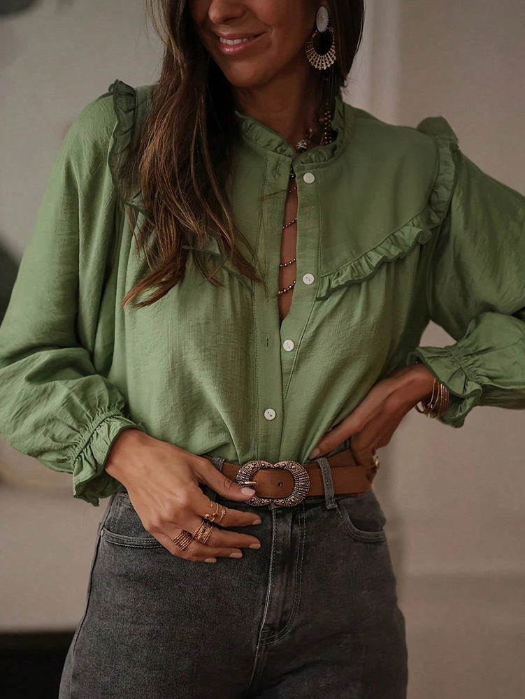 Ruffle Trim Mock Neck Button Up Blouse - Green