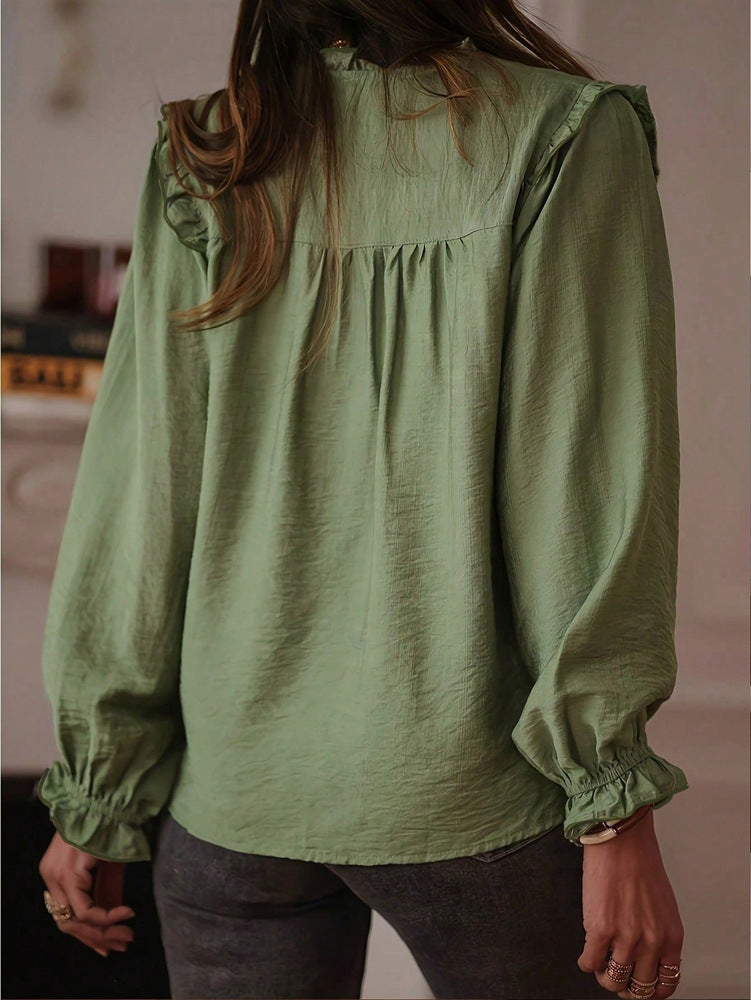 Ruffle Trim Mock Neck Button Up Blouse - Green - 1