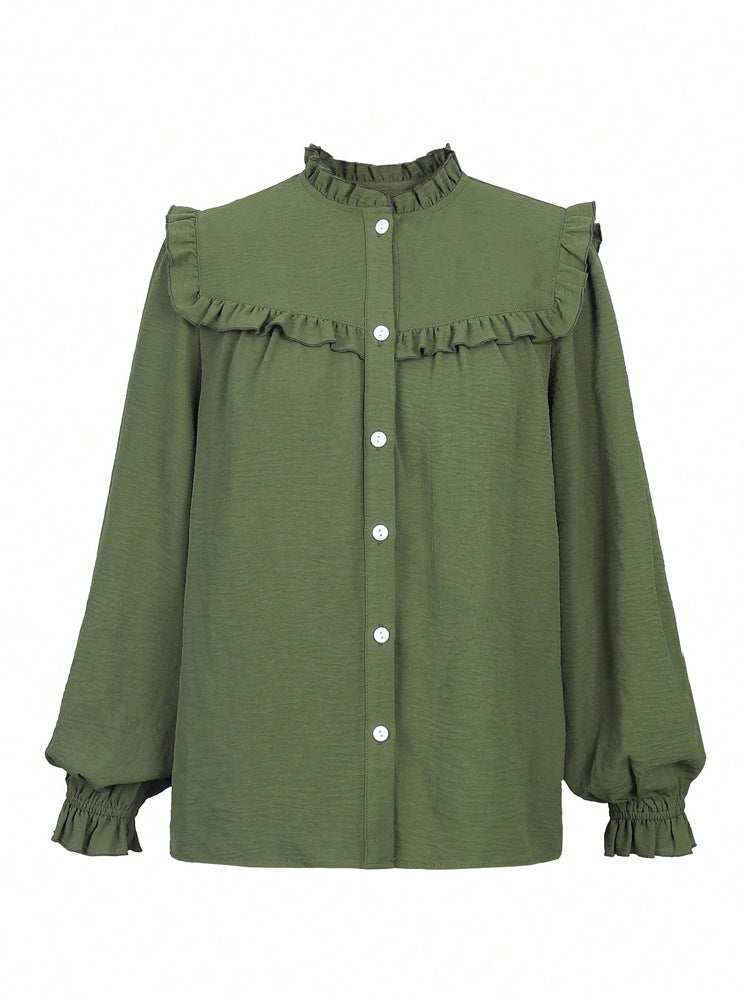 Ruffle Trim Mock Neck Button Up Blouse - Green - 2