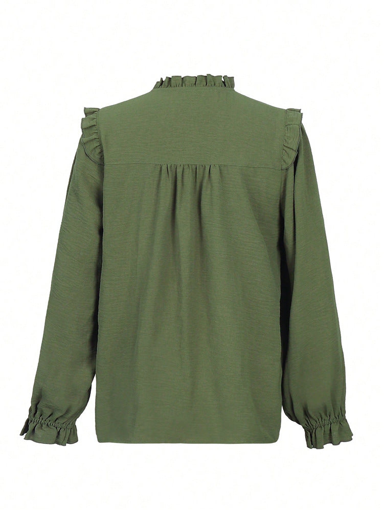 Ruffle Trim Mock Neck Button Up Blouse - Green - 3