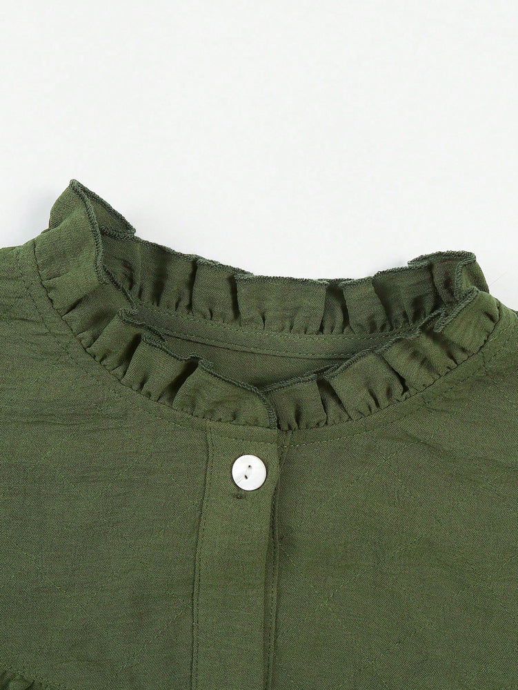 Ruffle Trim Mock Neck Button Up Blouse - Green - 4