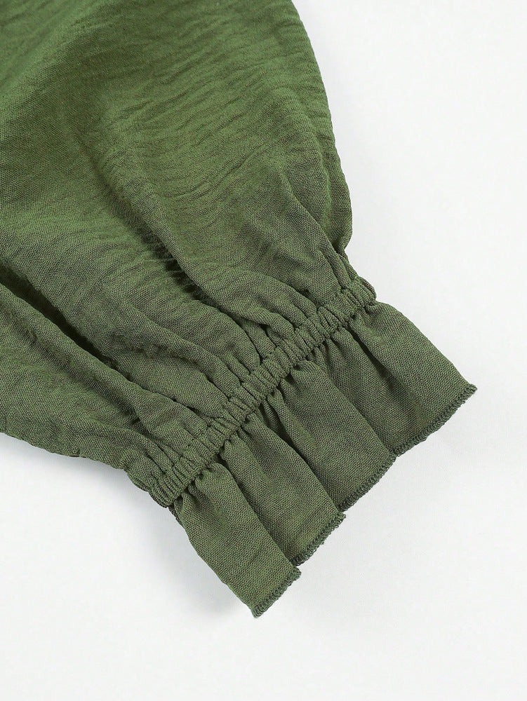 Ruffle Trim Mock Neck Button Up Blouse - Green - 5