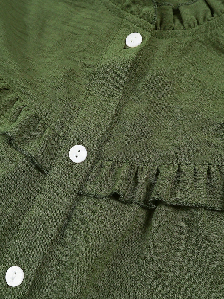Ruffle Trim Mock Neck Button Up Blouse - Green - 6