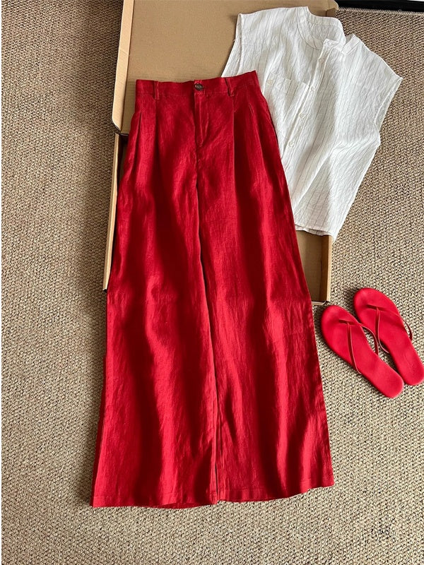 Flowy High Waist Wide Leg Pants - Red
