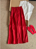 Flowy High Waist Wide Leg Pants - Red