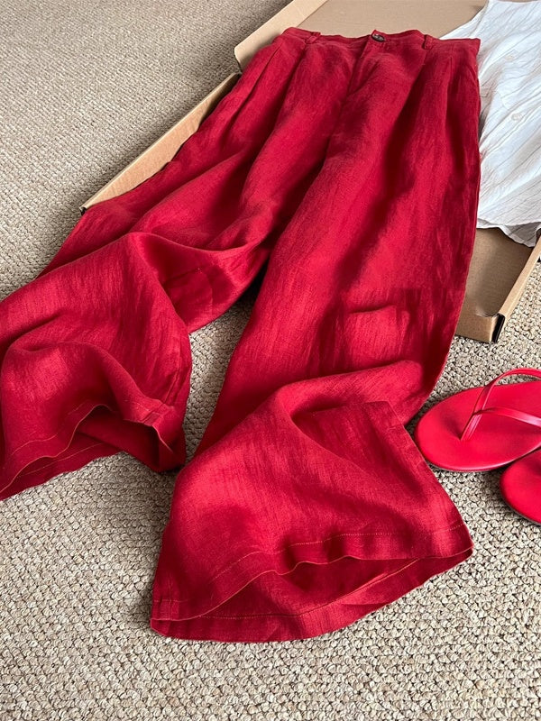 Flowy High Waist Wide Leg Pants - Red - 2