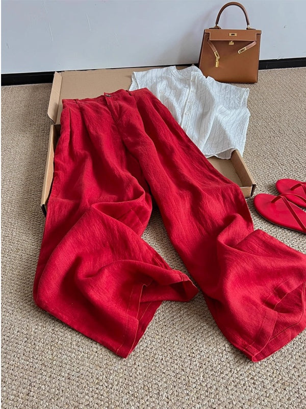 Flowy High Waist Wide Leg Pants - Red - 4