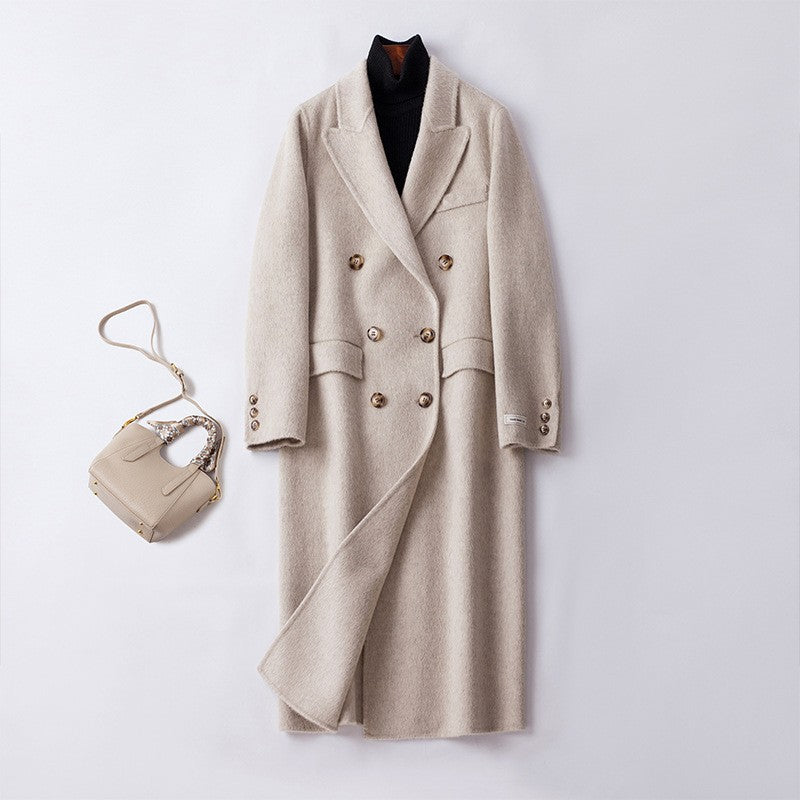 Double Breasted Wool Peak Lapel Longline Coat