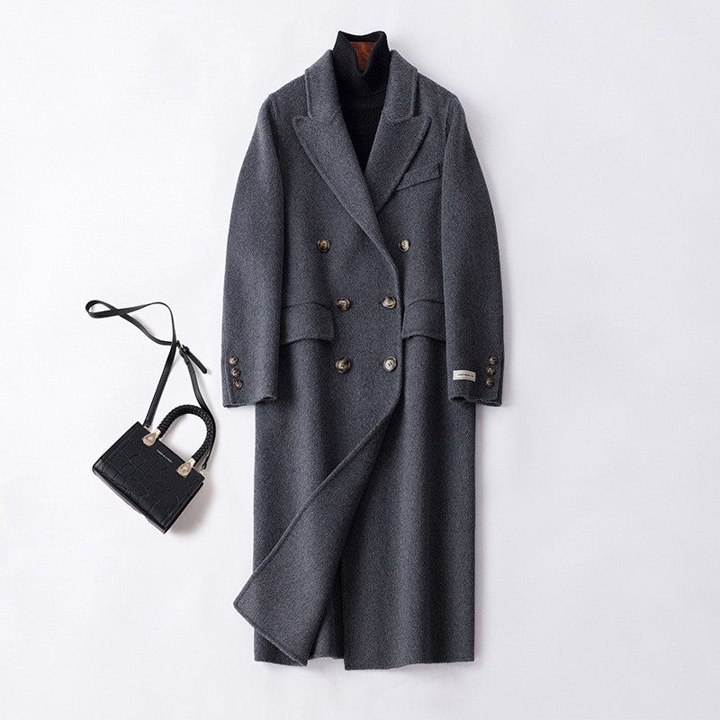 Double Breasted Wool Peak Lapel Longline Coat