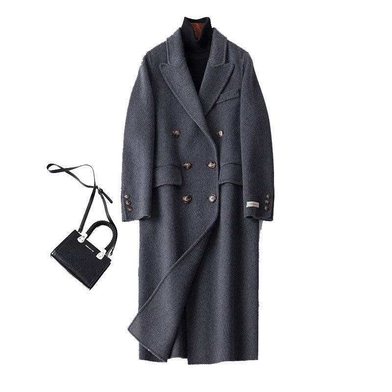 Double Breasted Wool Peak Lapel Longline Coat