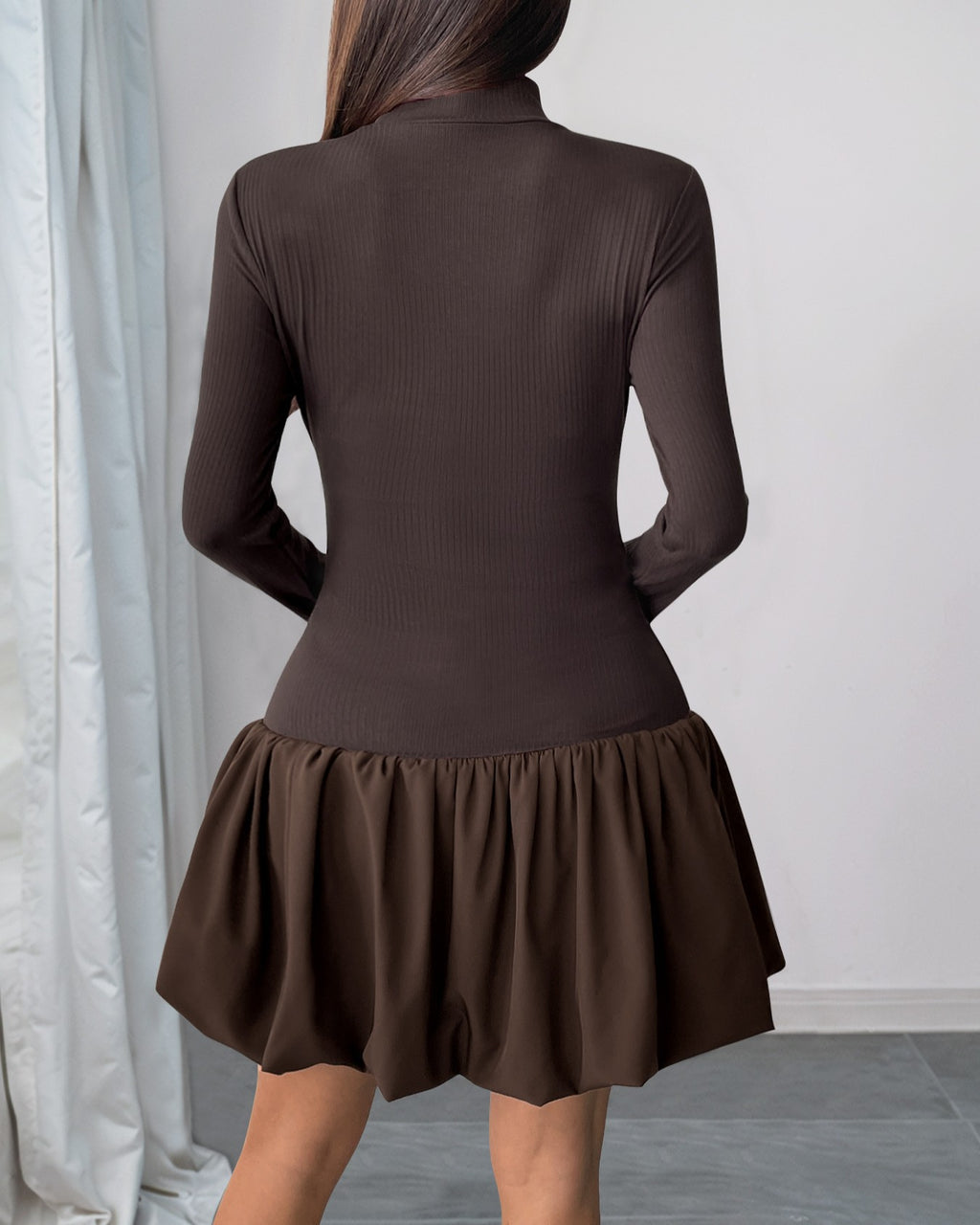 Mock Neck Bubble Hem Drop Waist Mini Dress - Brown - 2