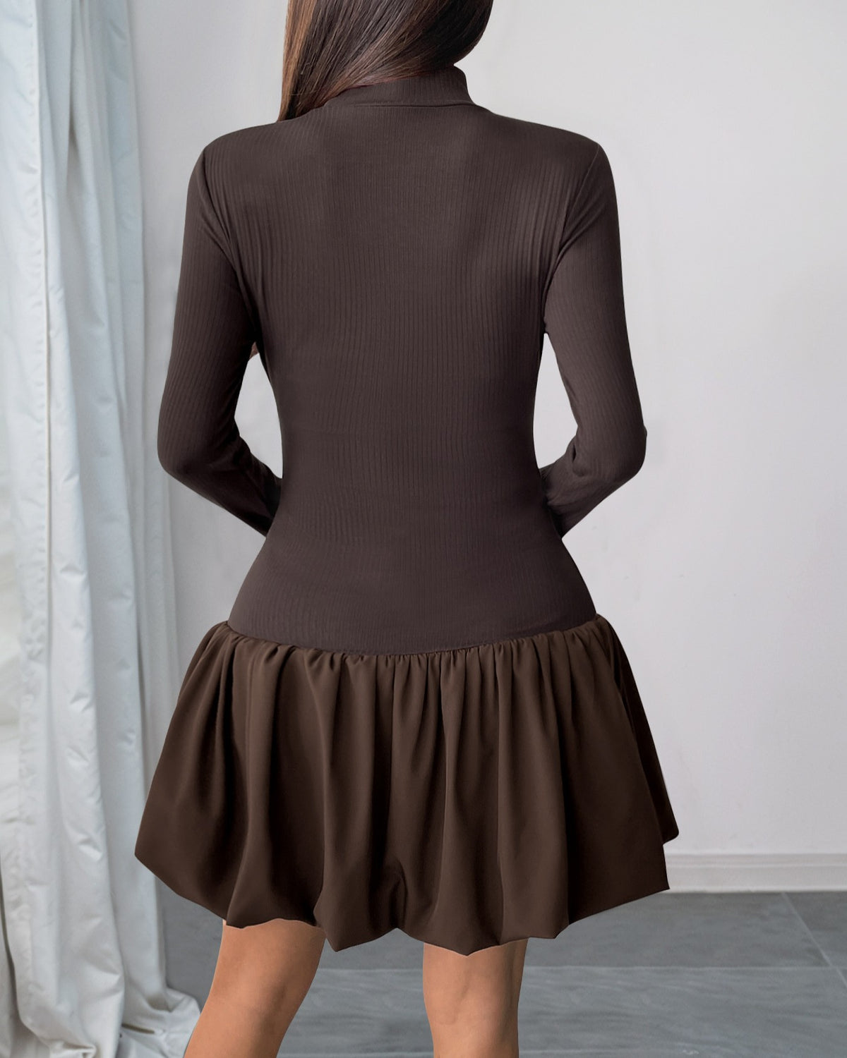 Mock Neck Bubble Hem Drop Waist Mini Dress - Brown - 2