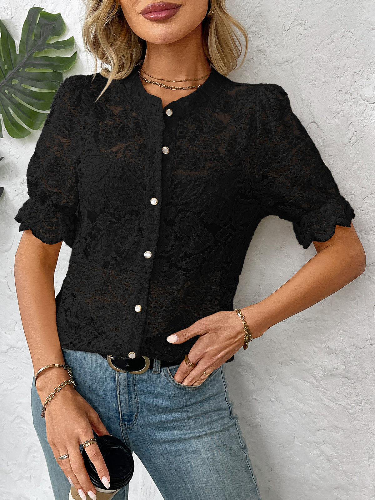 Scalloped Floral Lace Button Front Blouse - black - 3