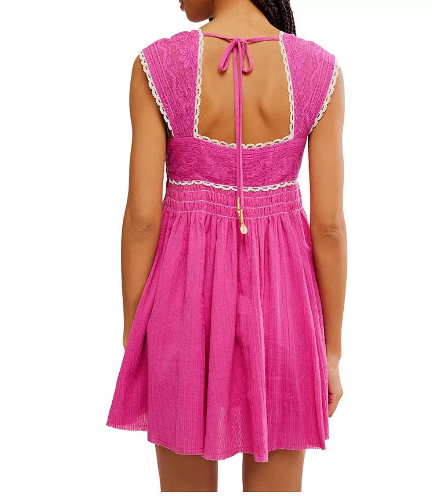 Scalloped Trim Open Back Babydoll Dress - Fuchsia - 2