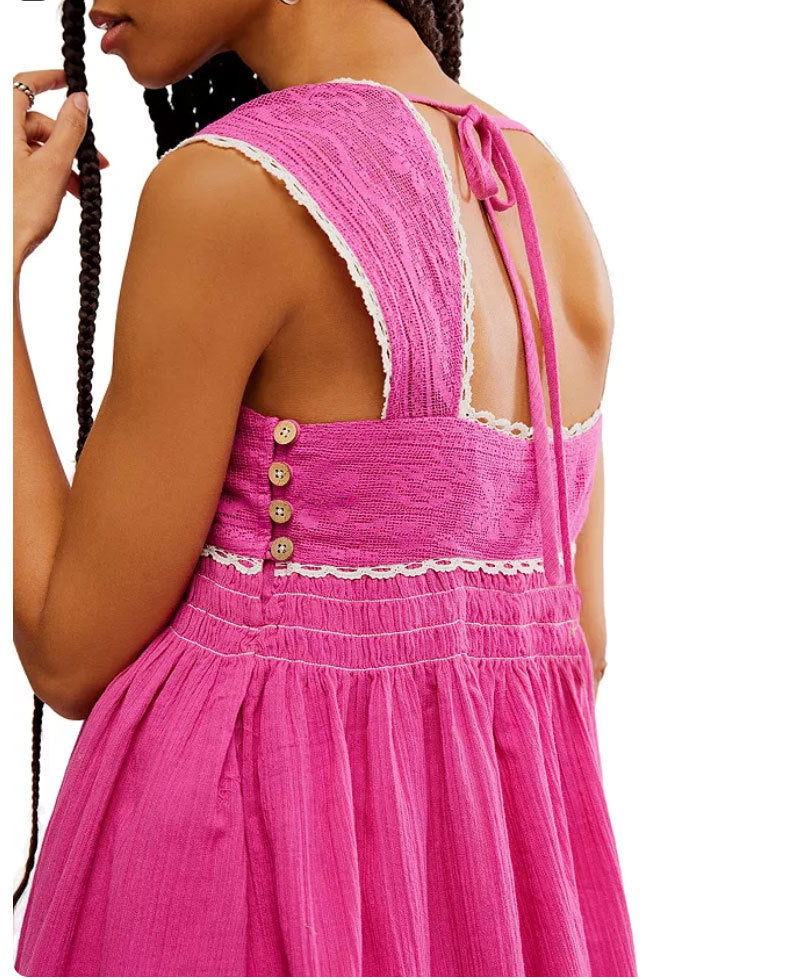 Scalloped Trim Open Back Babydoll Dress - Fuchsia - 3