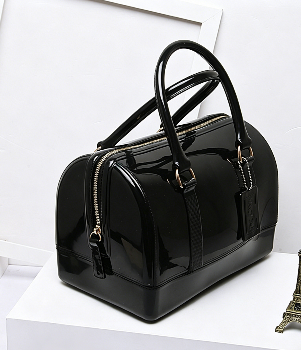 Glossy Jelly Top Handle Boston Bag - Black