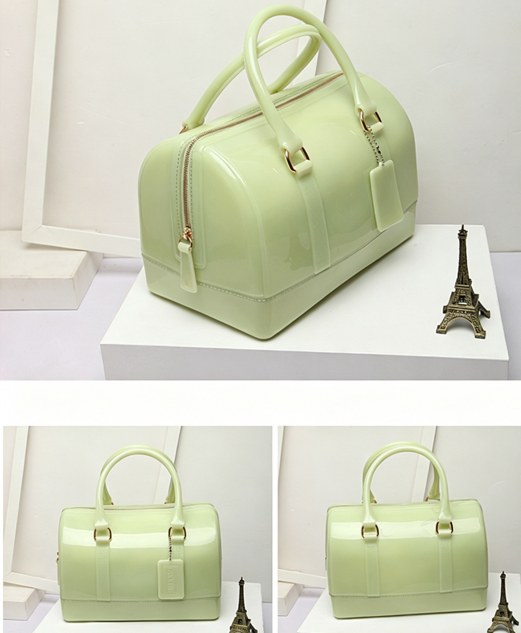 Glossy Jelly Top Handle Boston Bag - Green - 1