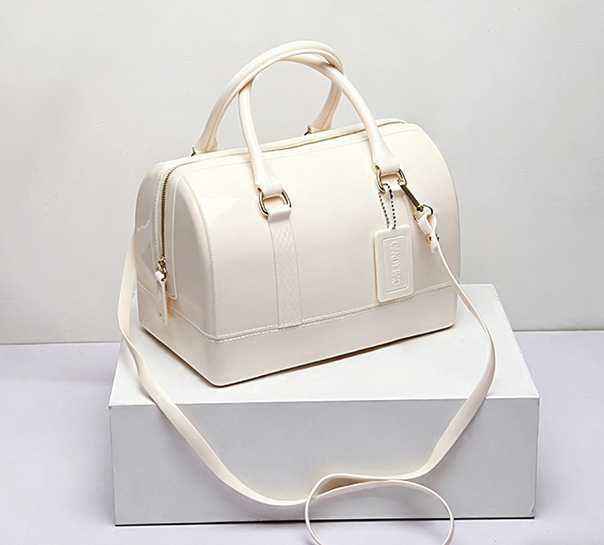 Glossy Jelly Top Handle Boston Bag - Offwhite - 3