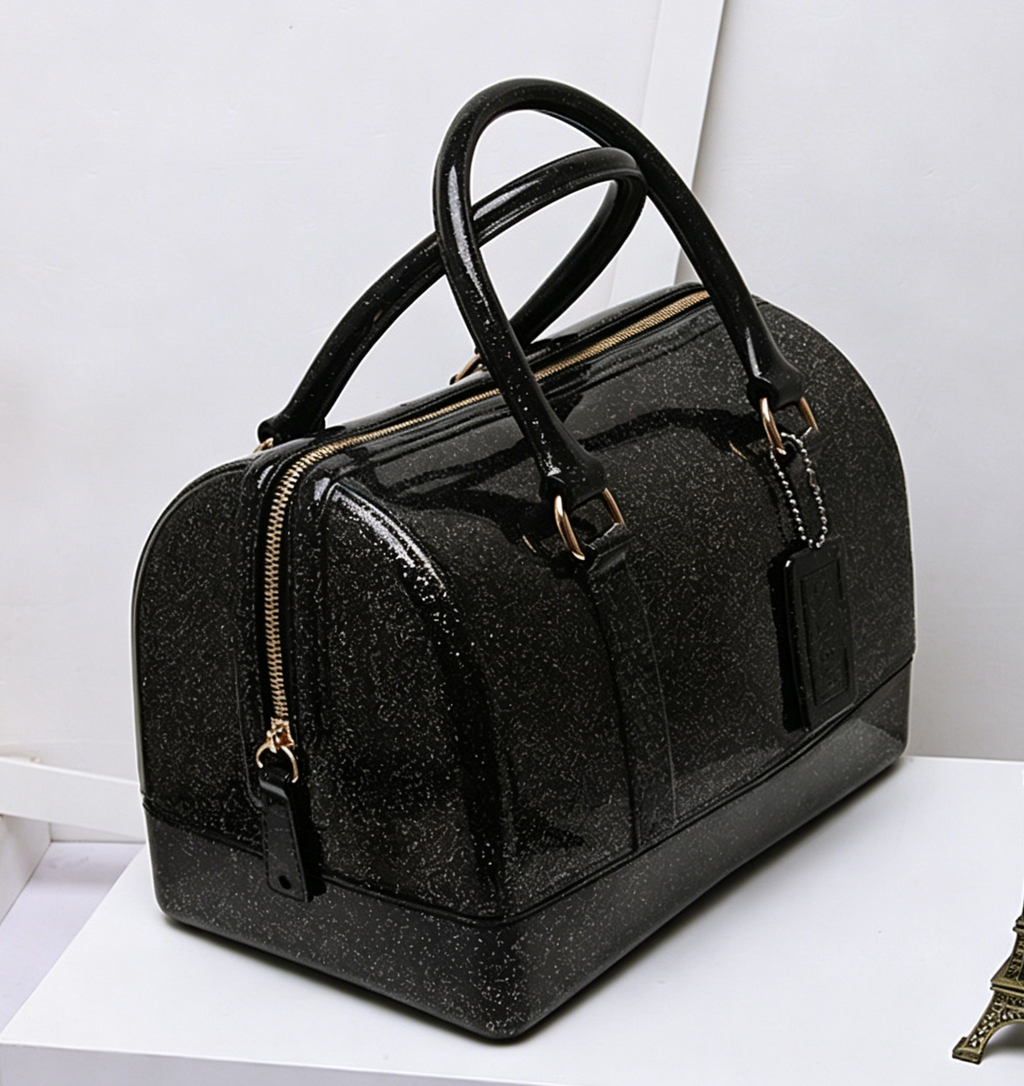 Glossy Jelly Top Handle Boston Bag - SBlack