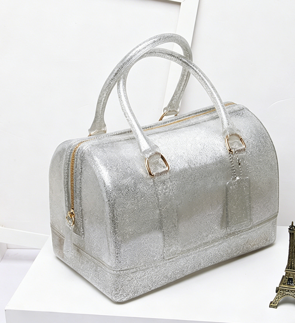 Glossy Jelly Top Handle Boston Bag - Silver