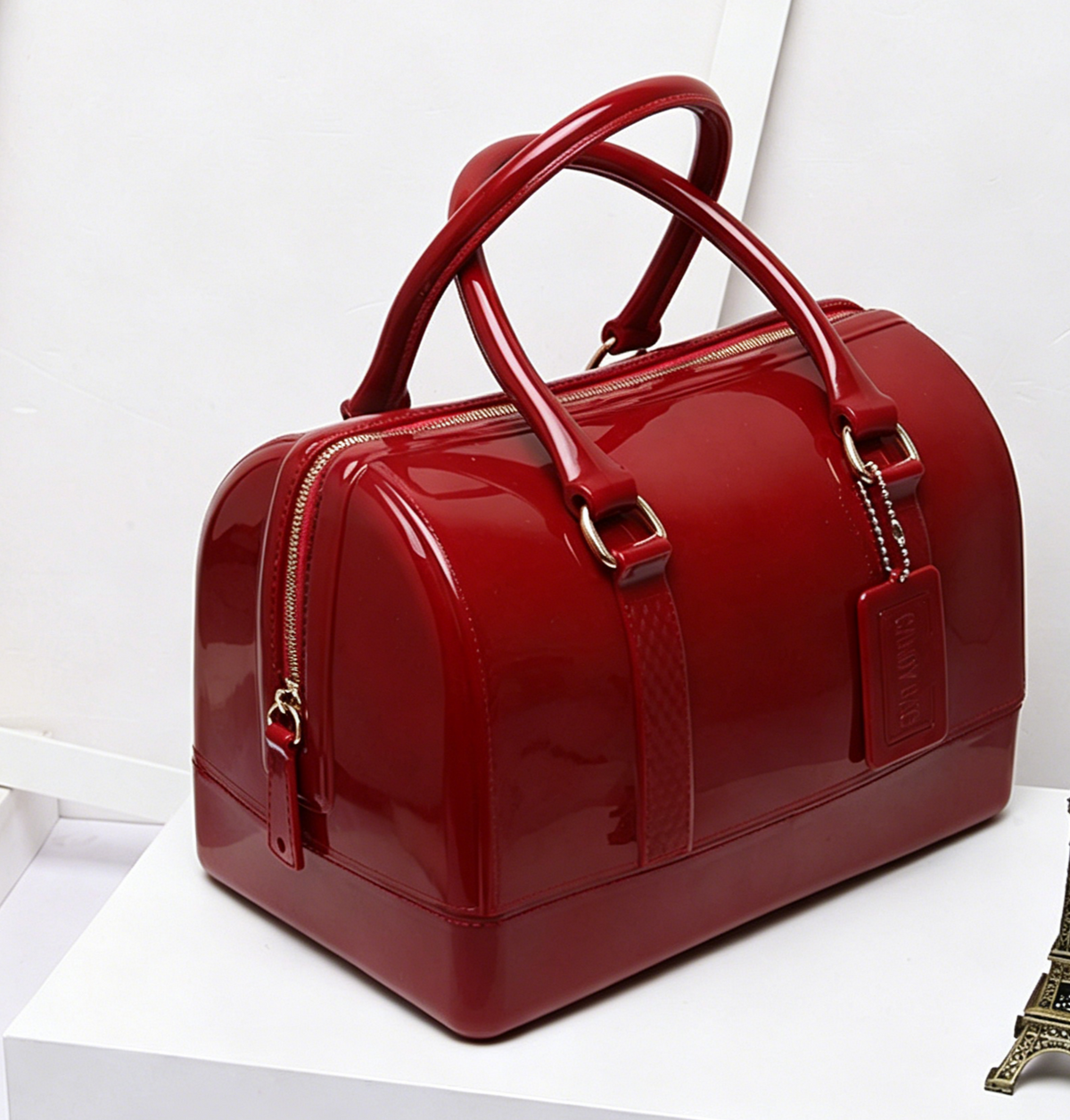 Glossy Jelly Top Handle Boston Bag - Wine_red