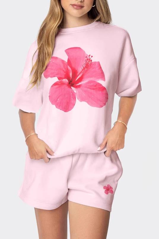 Bow Print Tee And Shorts Set - Pink