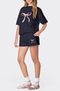 Bow Print Tee And Shorts Set - black