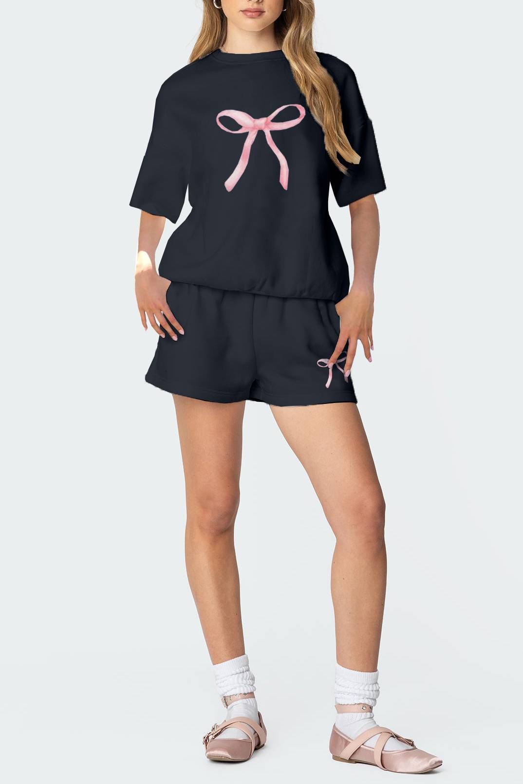 Bow Print Tee And Shorts Set - black - 1