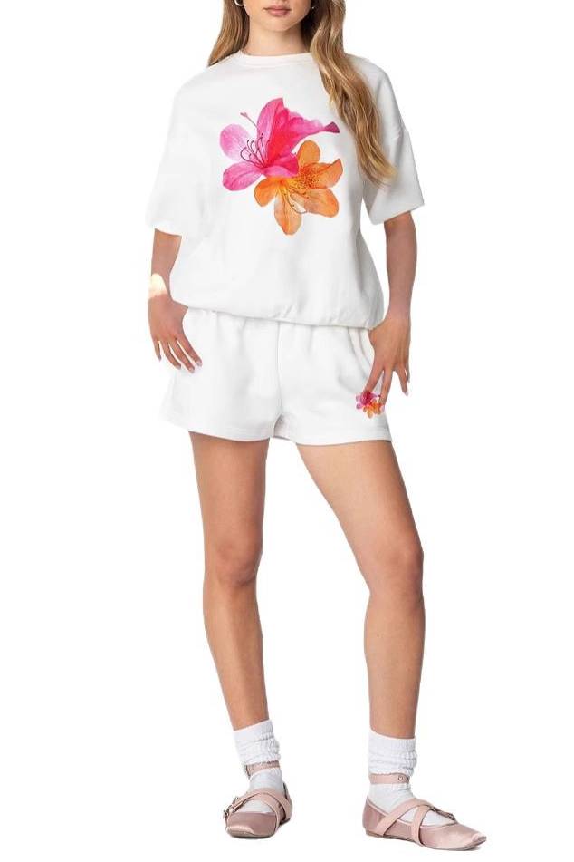 Bow Print Tee And Shorts Set - white